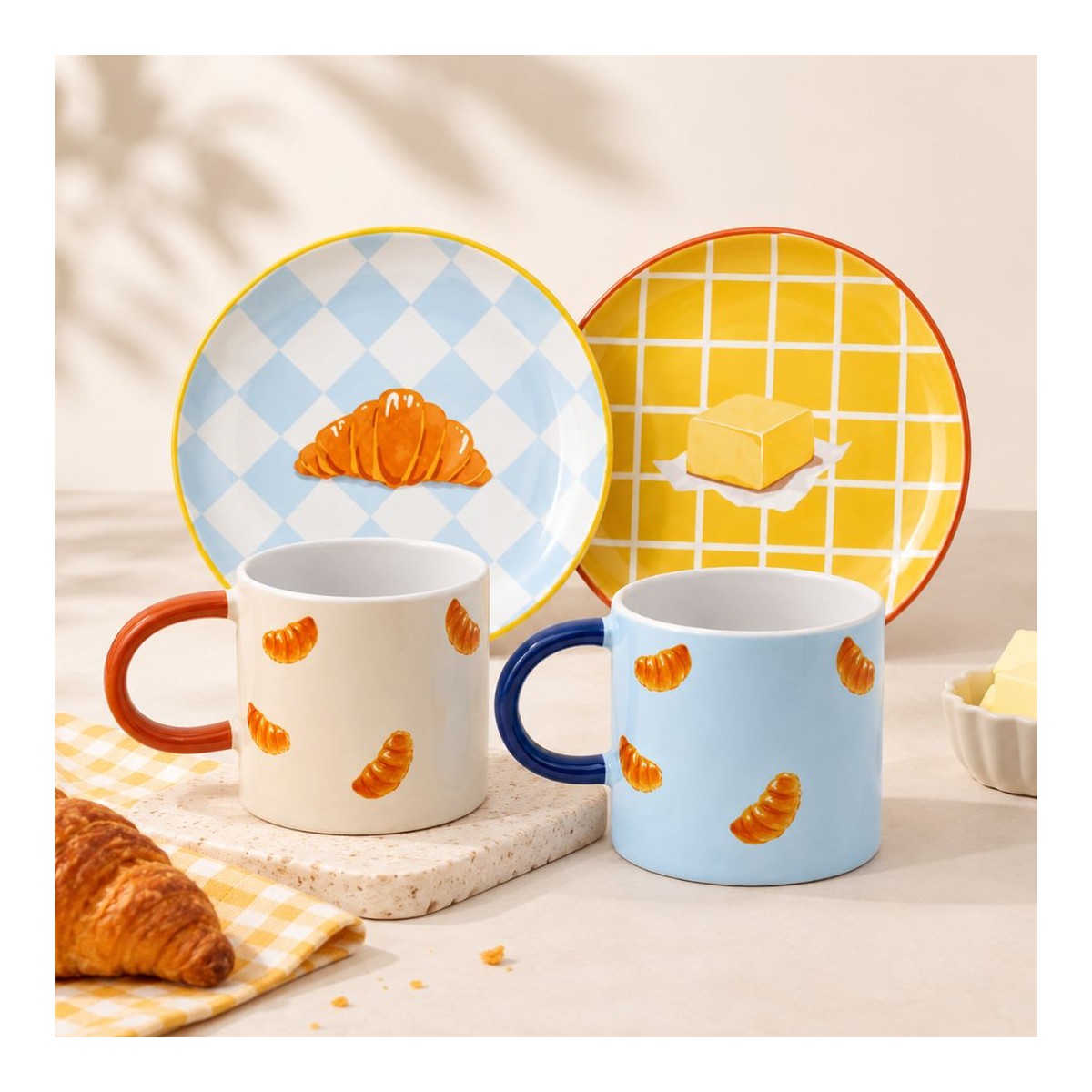 Set Brunch, assiettes et mugs croissant