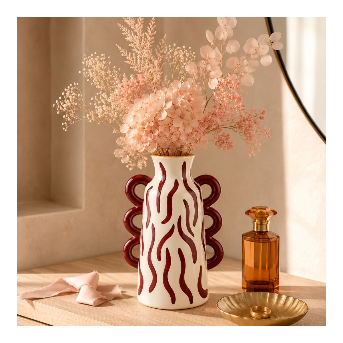 Vase zébré bordeaux peint à la main, Roséa