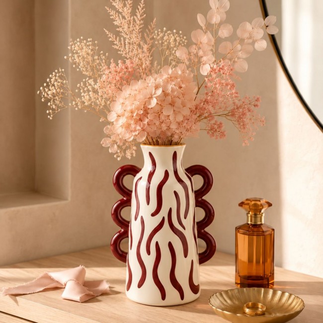 Vase zébré bordeaux peint à la main, Roséa