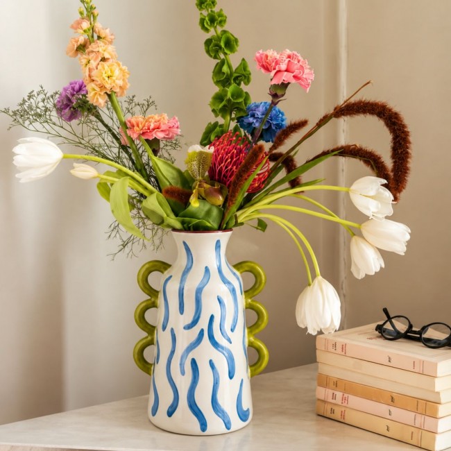 Vase zébré bleu peint à la main, Roséa