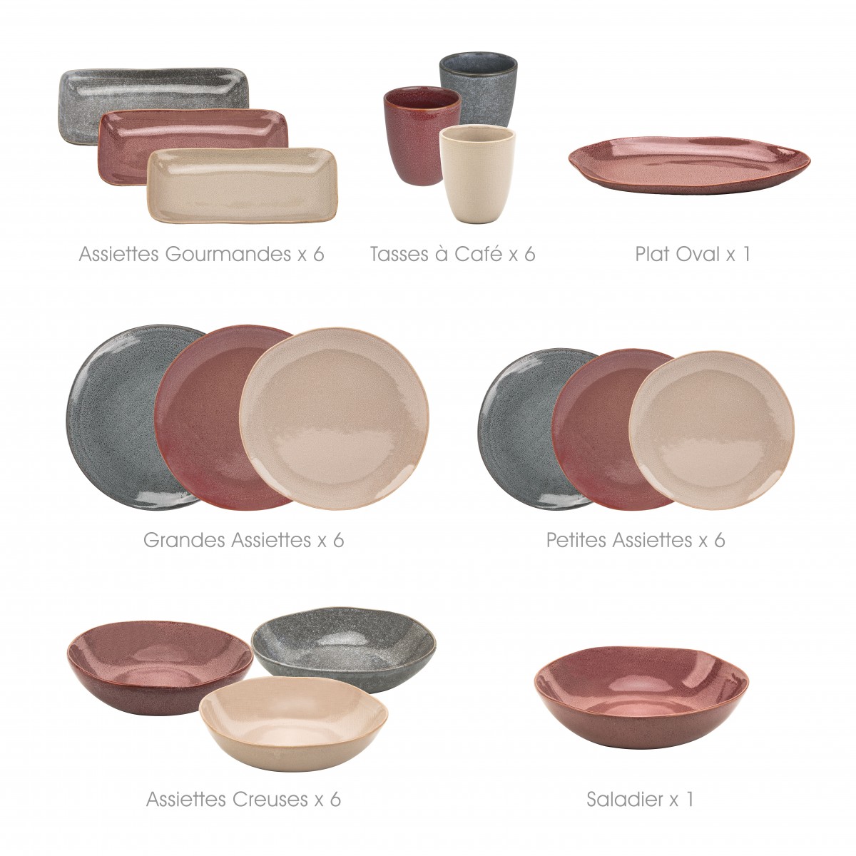 EC-ZOASERV32 Service d'assiettes, bols, tasses, plat et saladier 32 pièces, ZOA