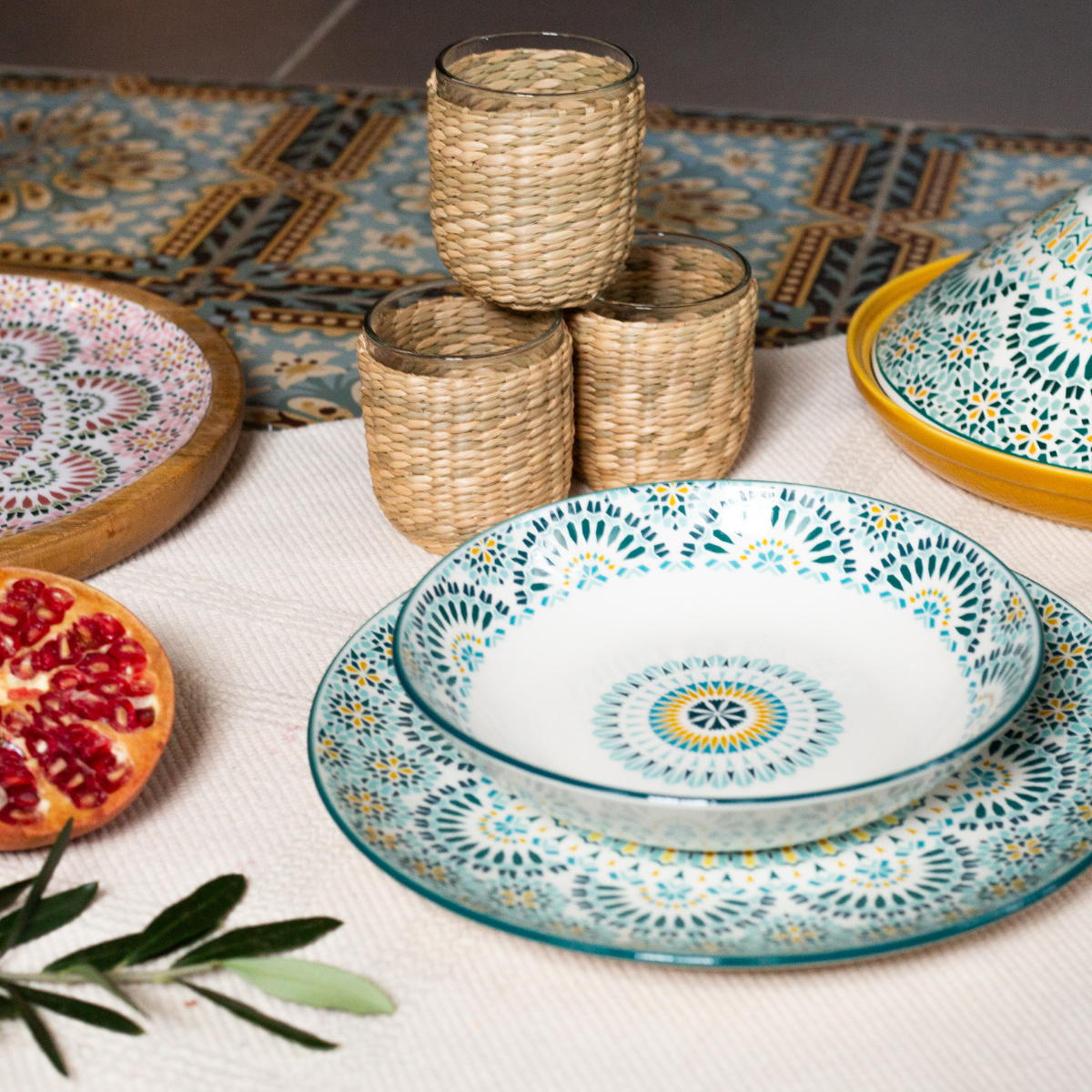 EC-6MANDVER Plateau en jonc avec 6 verres, MANDALA