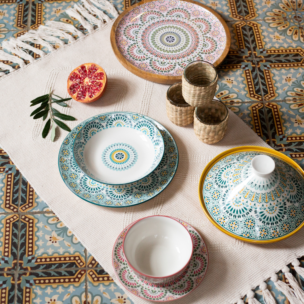 EC-6MANDVER Plateau en jonc avec 6 verres, MANDALA