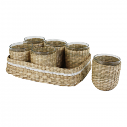 EC-6MANDVER Plateau en jonc avec 6 verres, MANDALA EC-6MANDVER Plateau en jonc avec 6 verres, MANDALA