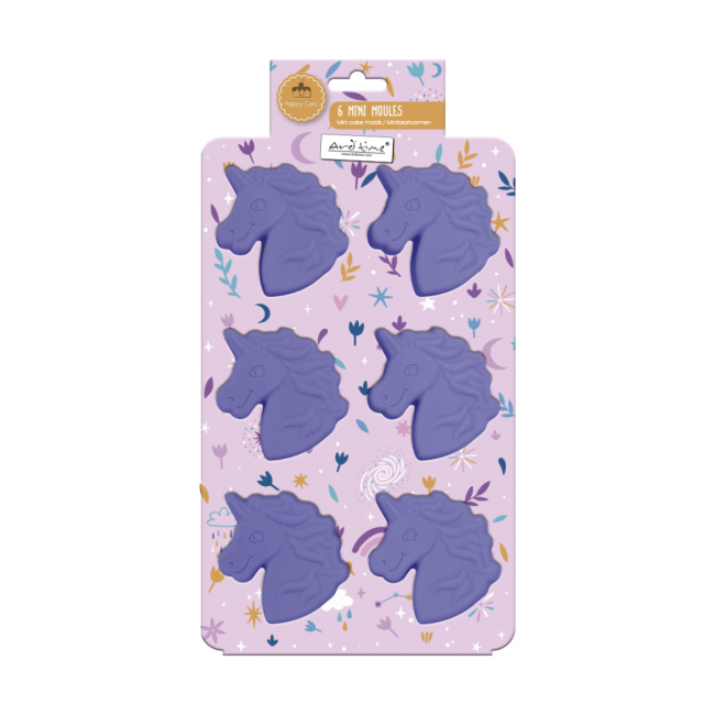 EC-HAC6LIC Lot de 6 mini moules en silicone forme Licorne, Happy Cake EC-HAC6LIC Lot de 6 mini moules en silicone forme Licorne, Happy Cake
