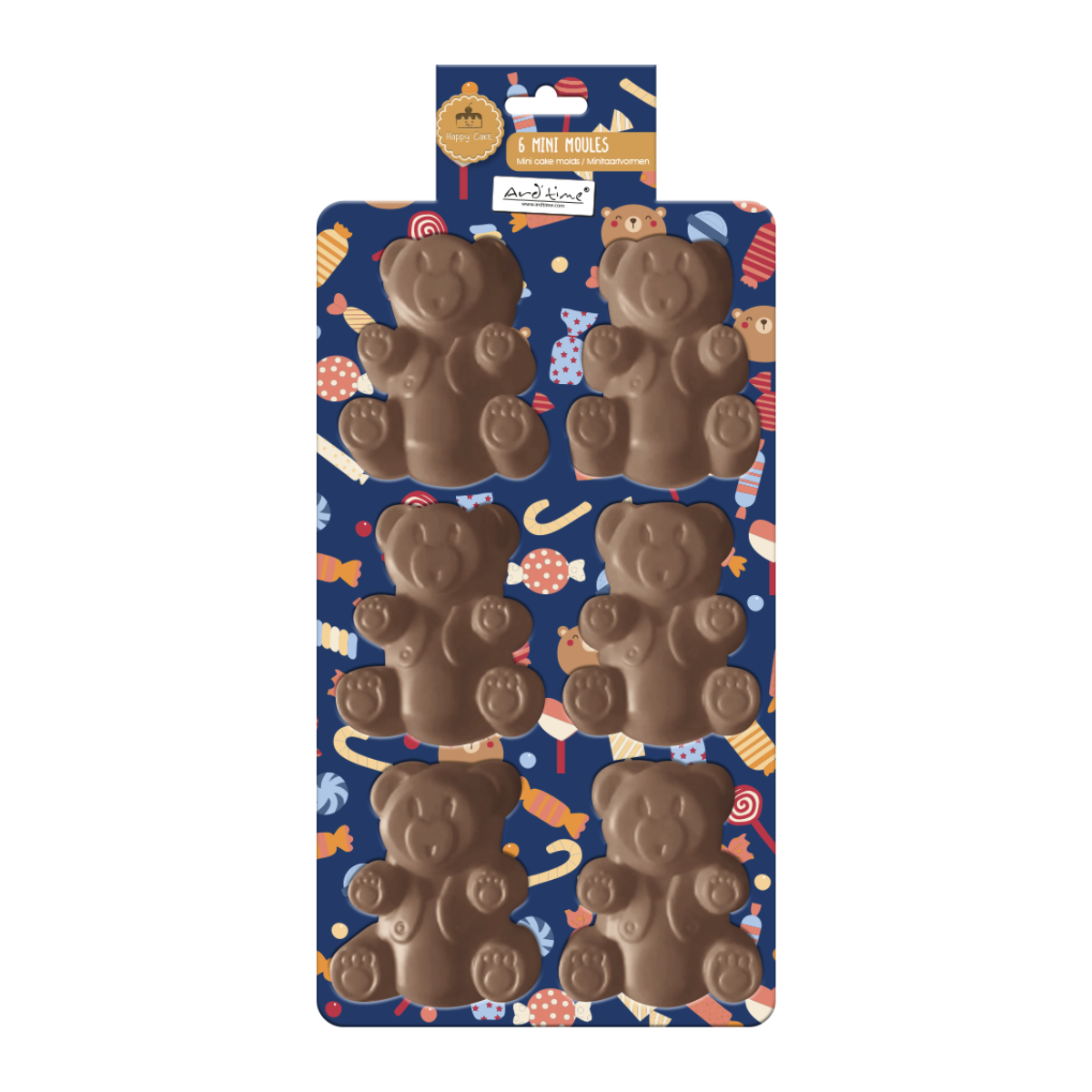EC-HAC6OURS Lot de 6 mini moules en silicone forme Ours, Happy Cake