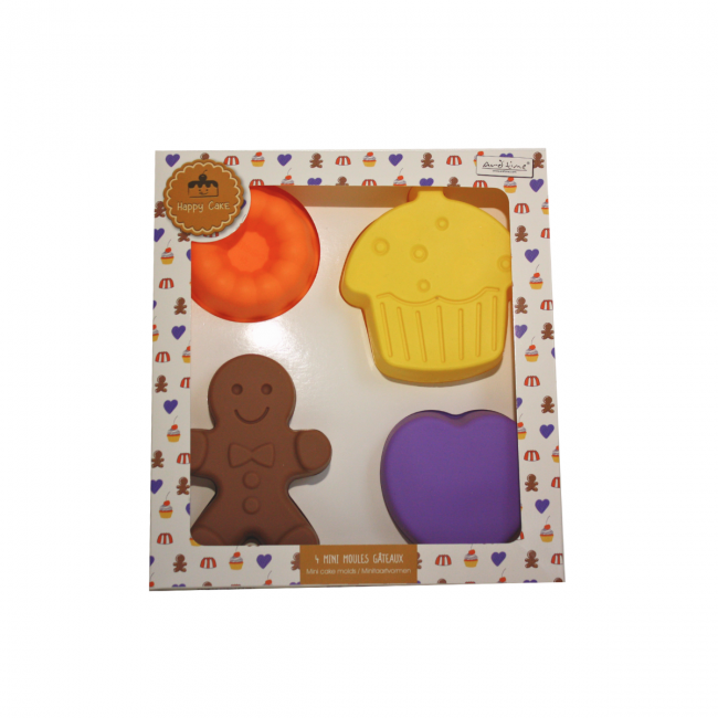 EC-HAC4MOUL2 Lot de 4 mini moules en silicone forme gâteau, Happy Cake EC-HAC4MOUL2 Lot de 4 mini moules en silicone forme gâteau, Happy Cake