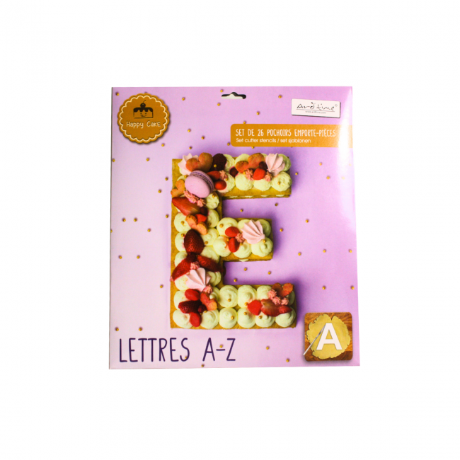 EC-HAC26LET Set de 26 pochoirs à pâtisserie en plastique forme Lettre, Happy Cake
