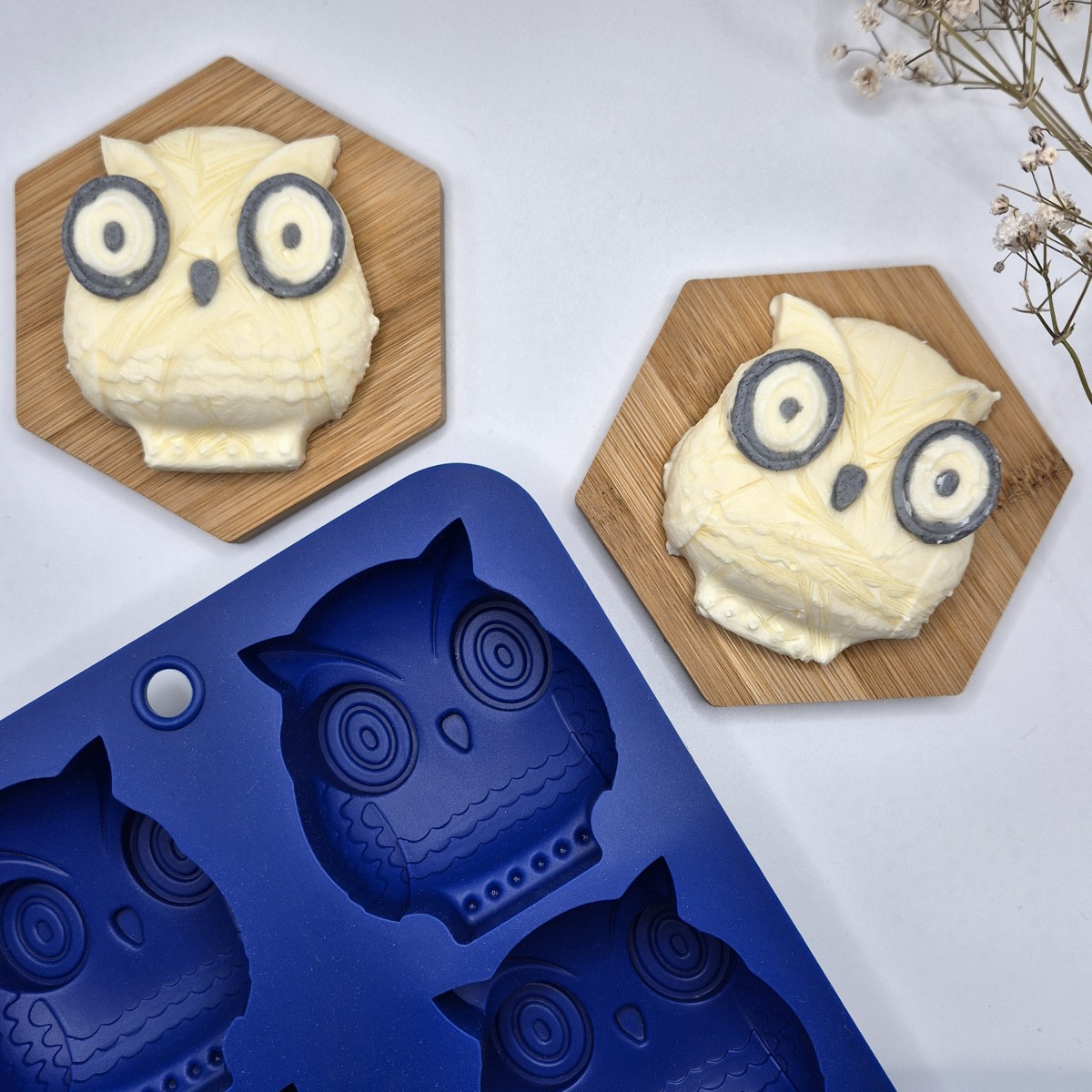 EC-HAC6HIB Lot de 6 mini moules en silicone forme Hibou, Happy Cake