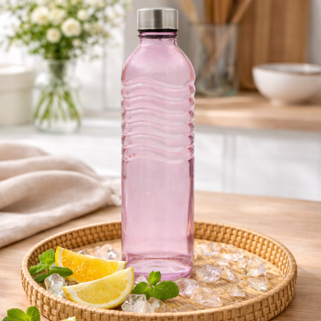 Bouteille rose en verre coloré