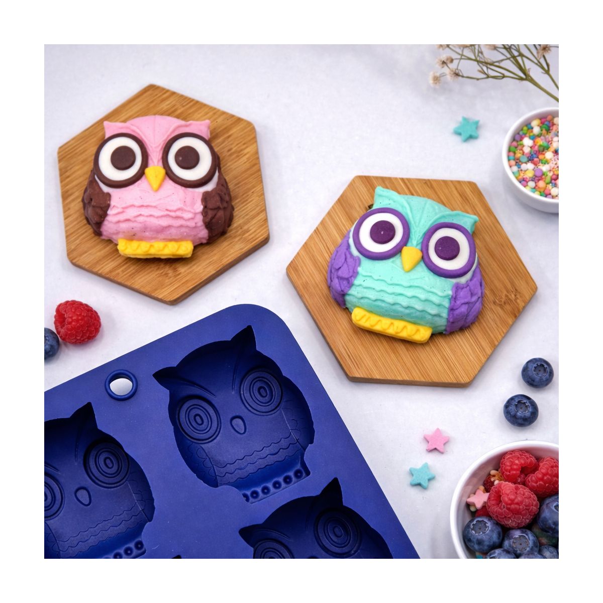 Lot de 6 mini moules en silicone forme Hibou, HAPPY CAKE