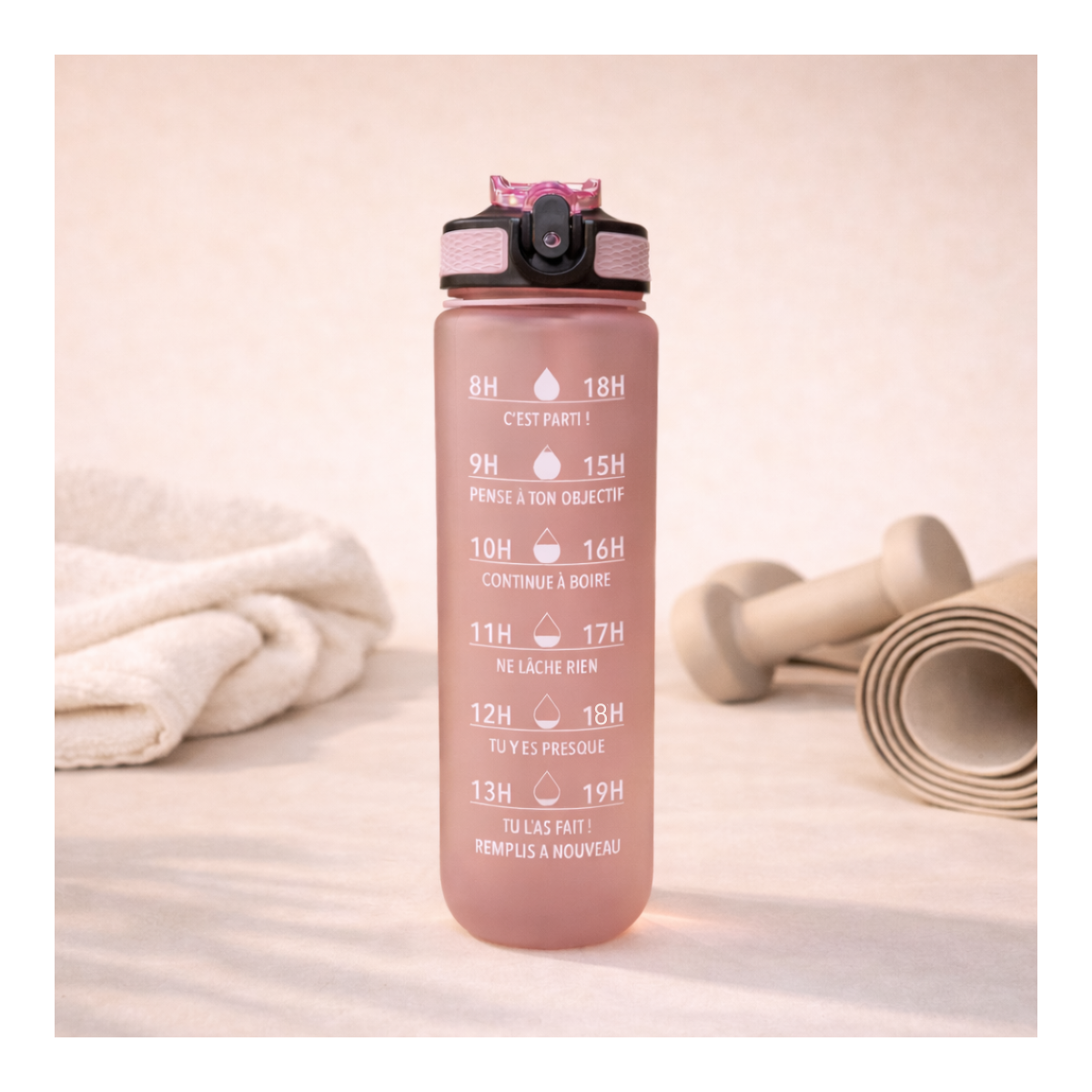 Bouteille de motivation hydratation rose