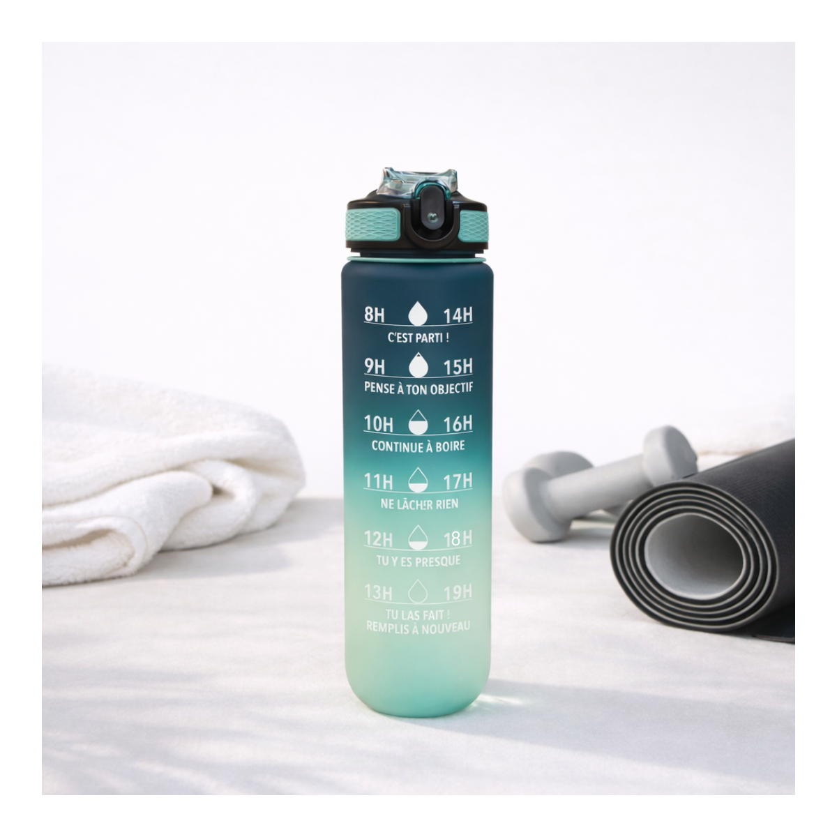 Bouteille de motivation hydratation bleu