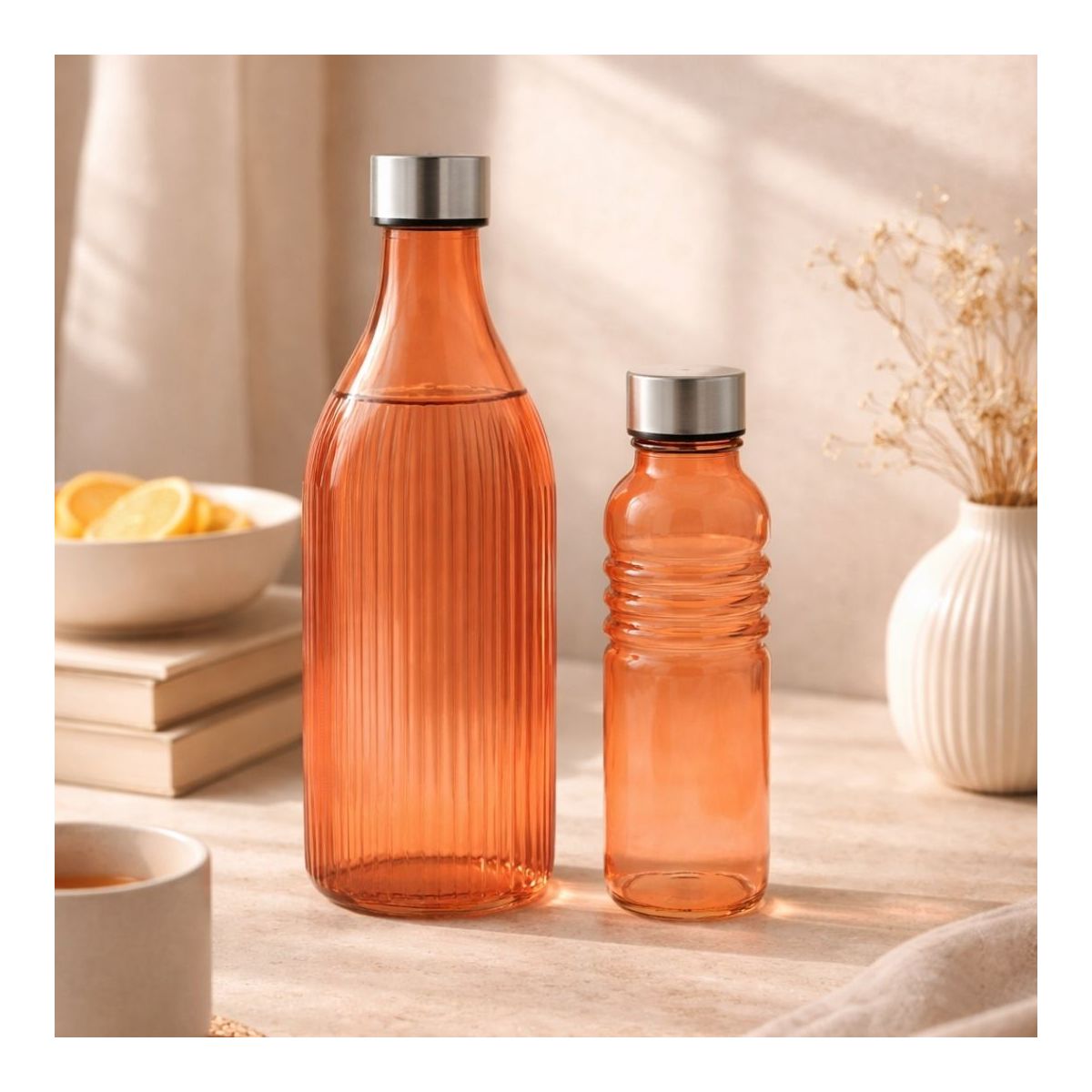 Lot de 2 bouteilles oranges en verre coloré, GLOUPOP