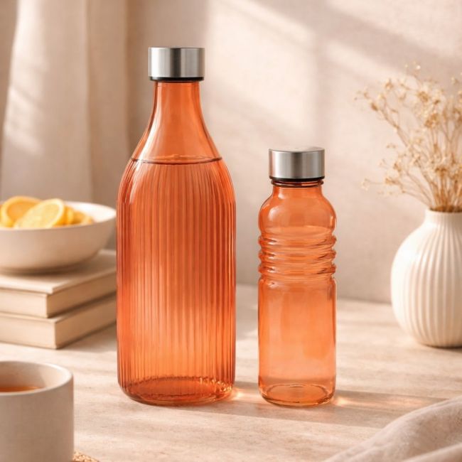 Lot de 2 bouteilles oranges en verre coloré, GLOUPOP