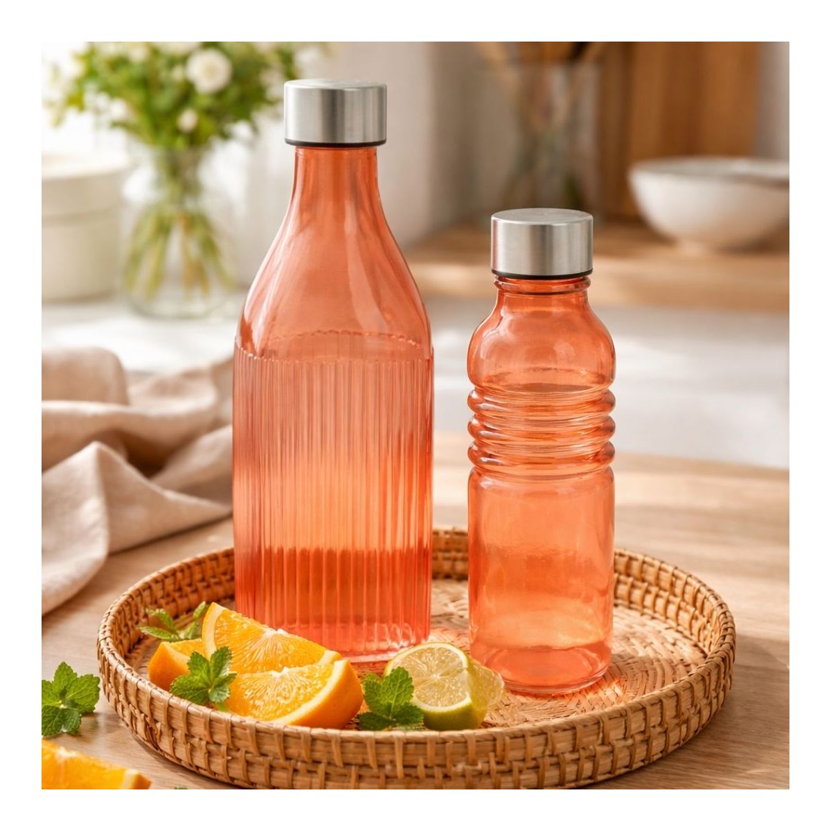 Lot de 2 bouteilles oranges en verre coloré, GLOUPOP