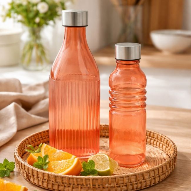 Lot de 2 bouteilles oranges en verre coloré, GLOUPOP