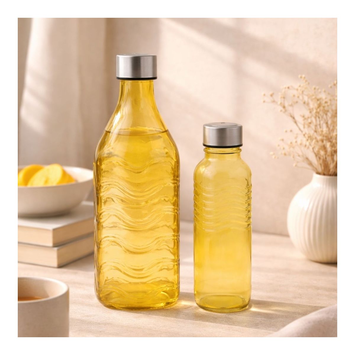 Lot de 2 bouteilles jaunes en verre coloré, GLOUPOP