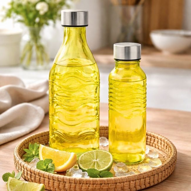 Lot de 2 bouteilles jaunes en verre coloré, GLOUPOP