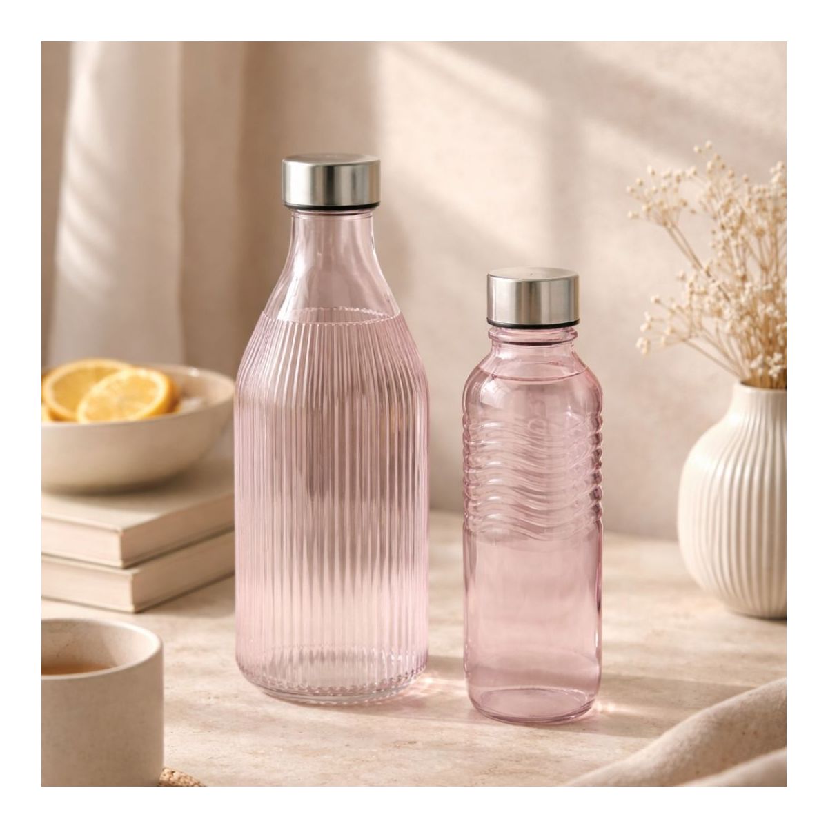 Lot de 2 bouteilles roses en verre coloré, GLOUPOP