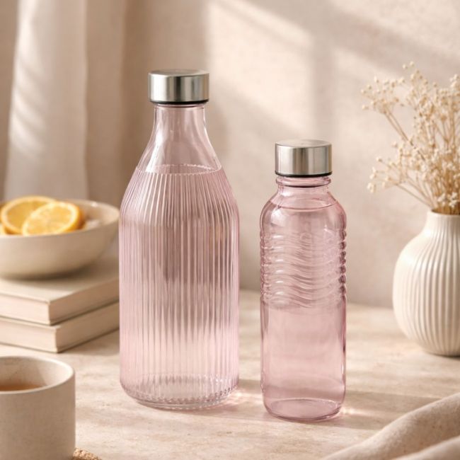 Lot de 2 bouteilles roses en verre coloré, GLOUPOP