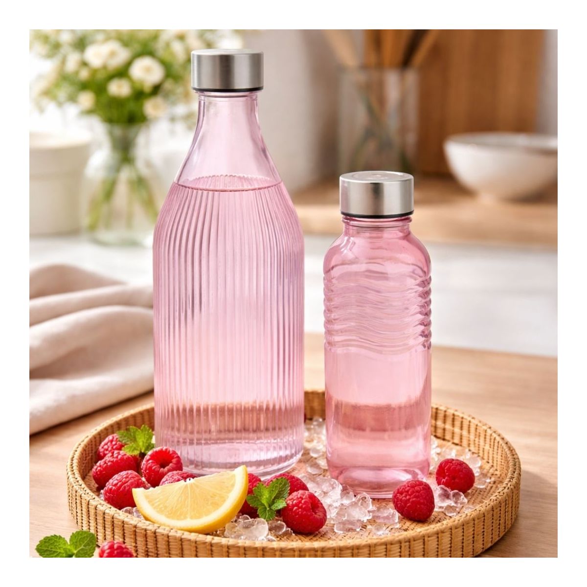 Lot de 2 bouteilles roses en verre coloré, GLOUPOP