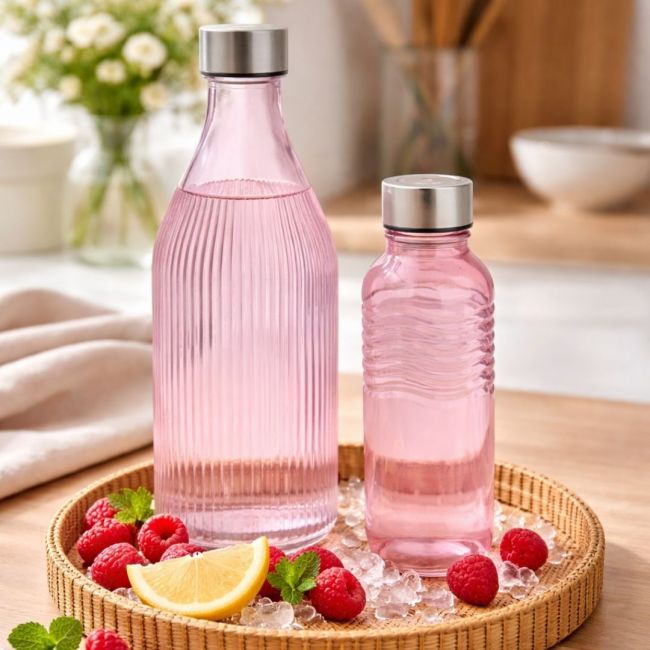 Lot de 2 bouteilles roses en verre coloré, GLOUPOP