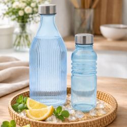 Lot de 2 bouteilles bleues en verre coloré, GLOUPOP