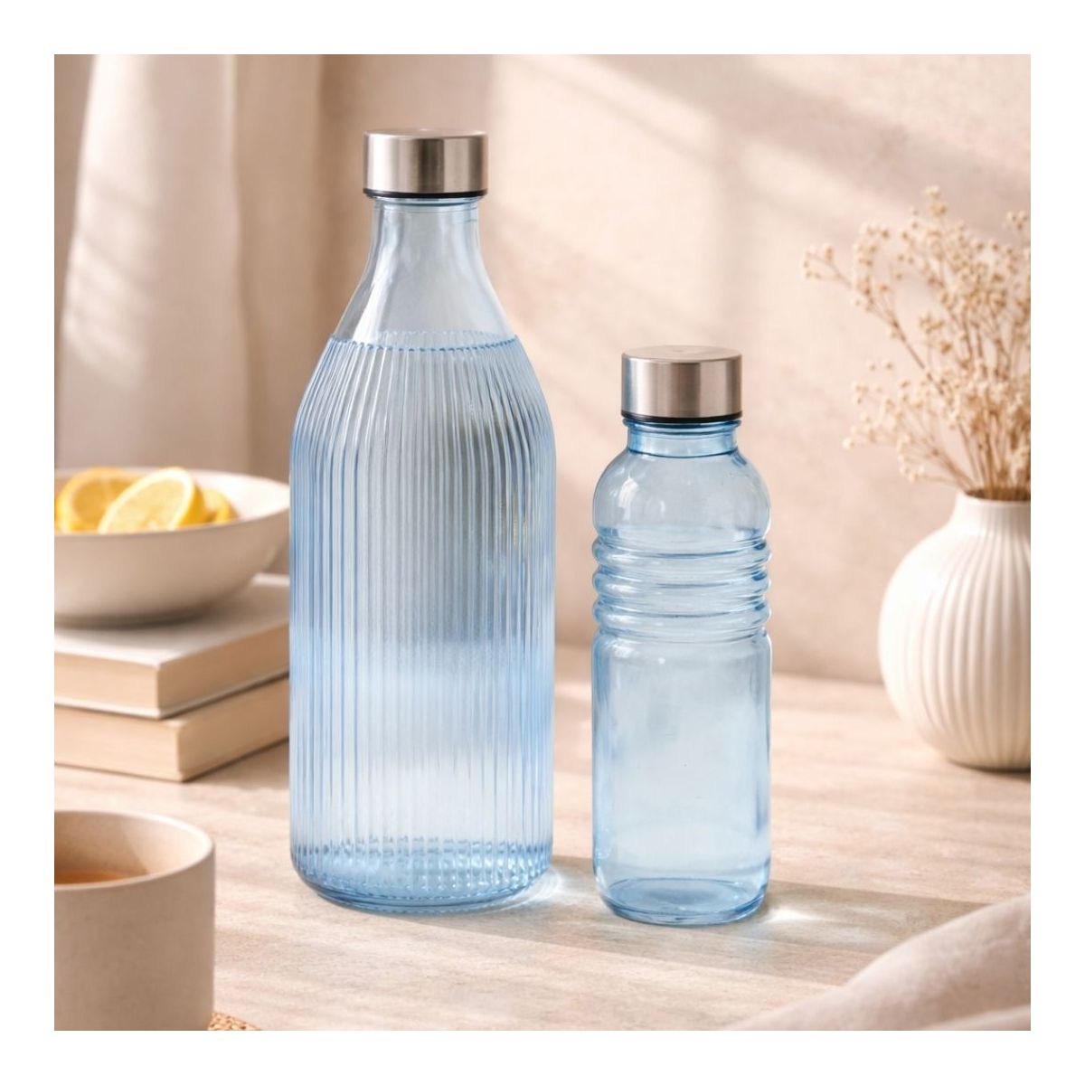 Lot de 2 bouteilles bleues en verre coloré, GLOUPOP