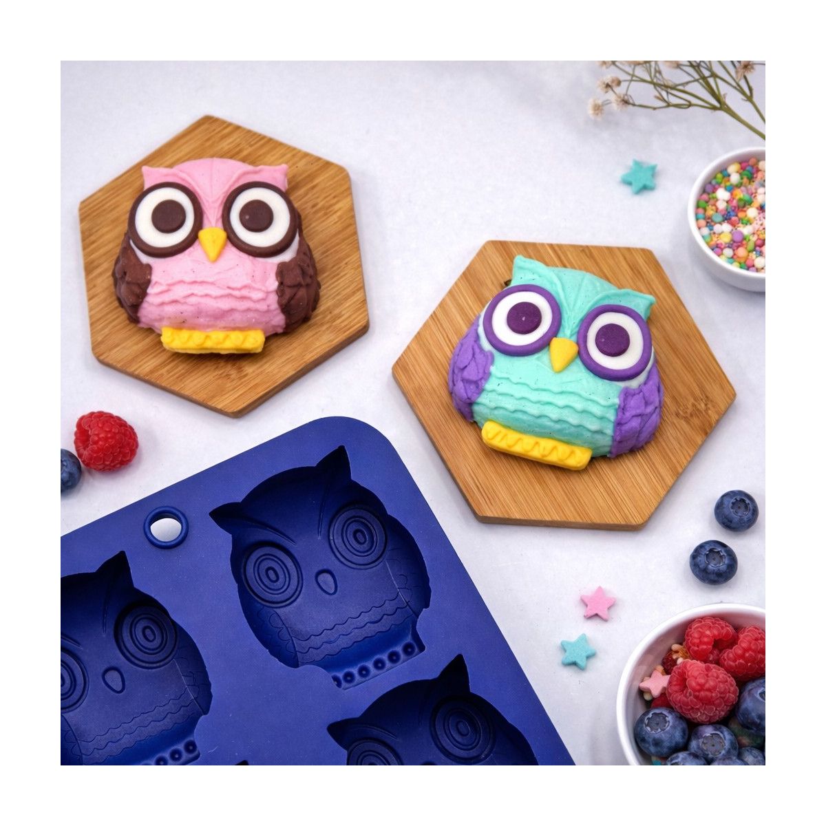 Lot de 6 mini moules en silicone forme Hibou, HAPPY CAKE