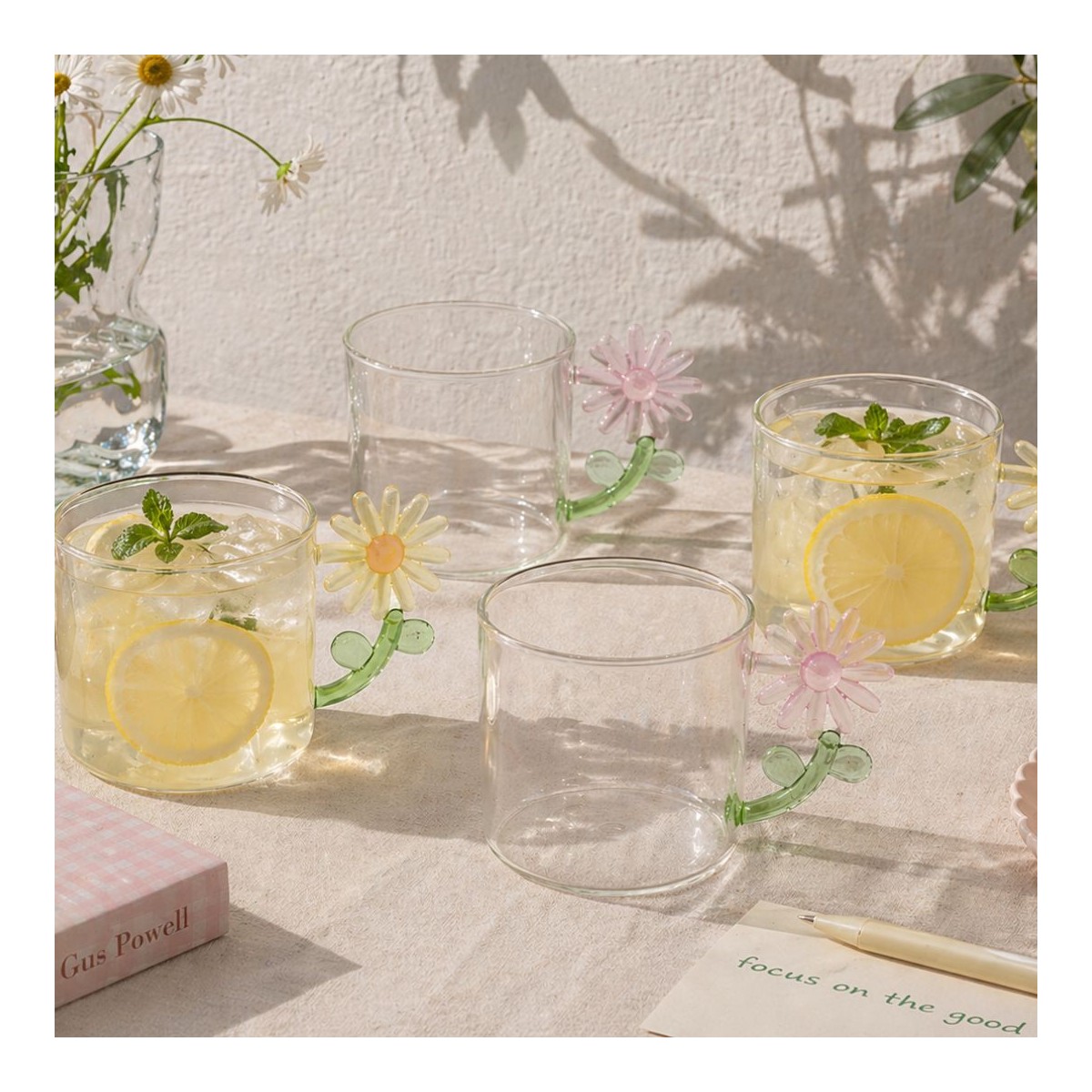Lot de 4 verres anse fleurs,