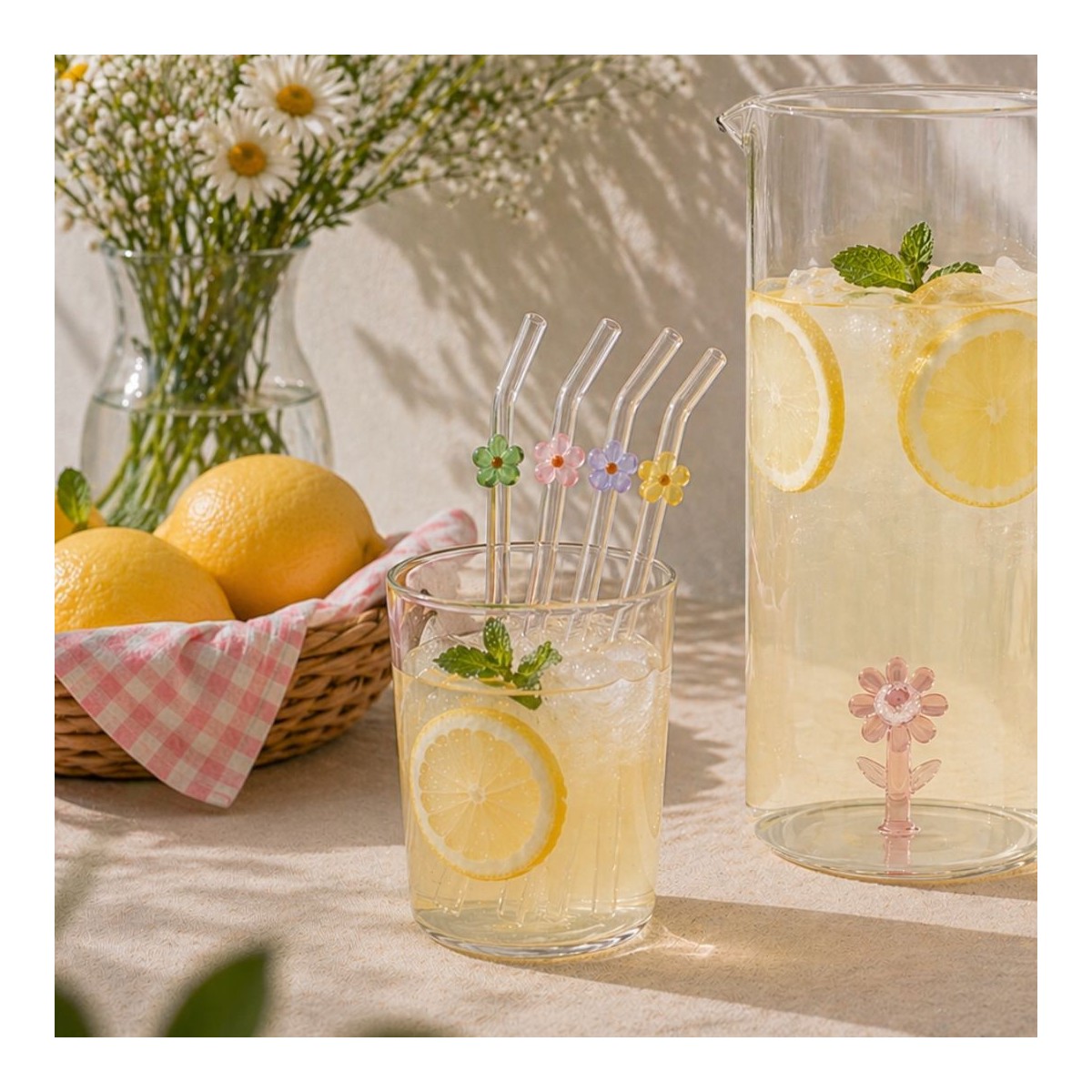 Lot de 4 pailles en verre fleurs